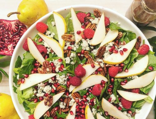 Perfectly Pear, Pomegranate, Raspberry, and Gorgonzola Green Salad