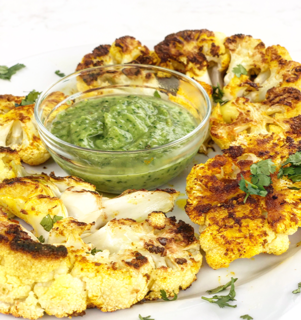 Middle Eastern Spiced Cauliflower Steaks with Cilantro Lime Avocado Sauce